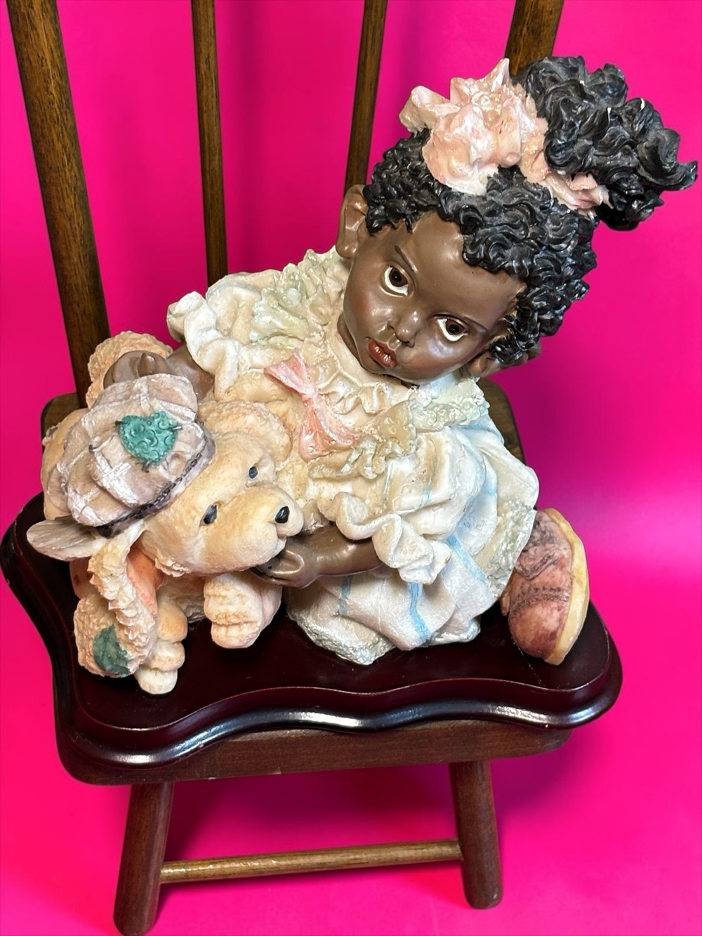 Black Child with Teddy Figurine - Cream Dress & Pink Bow